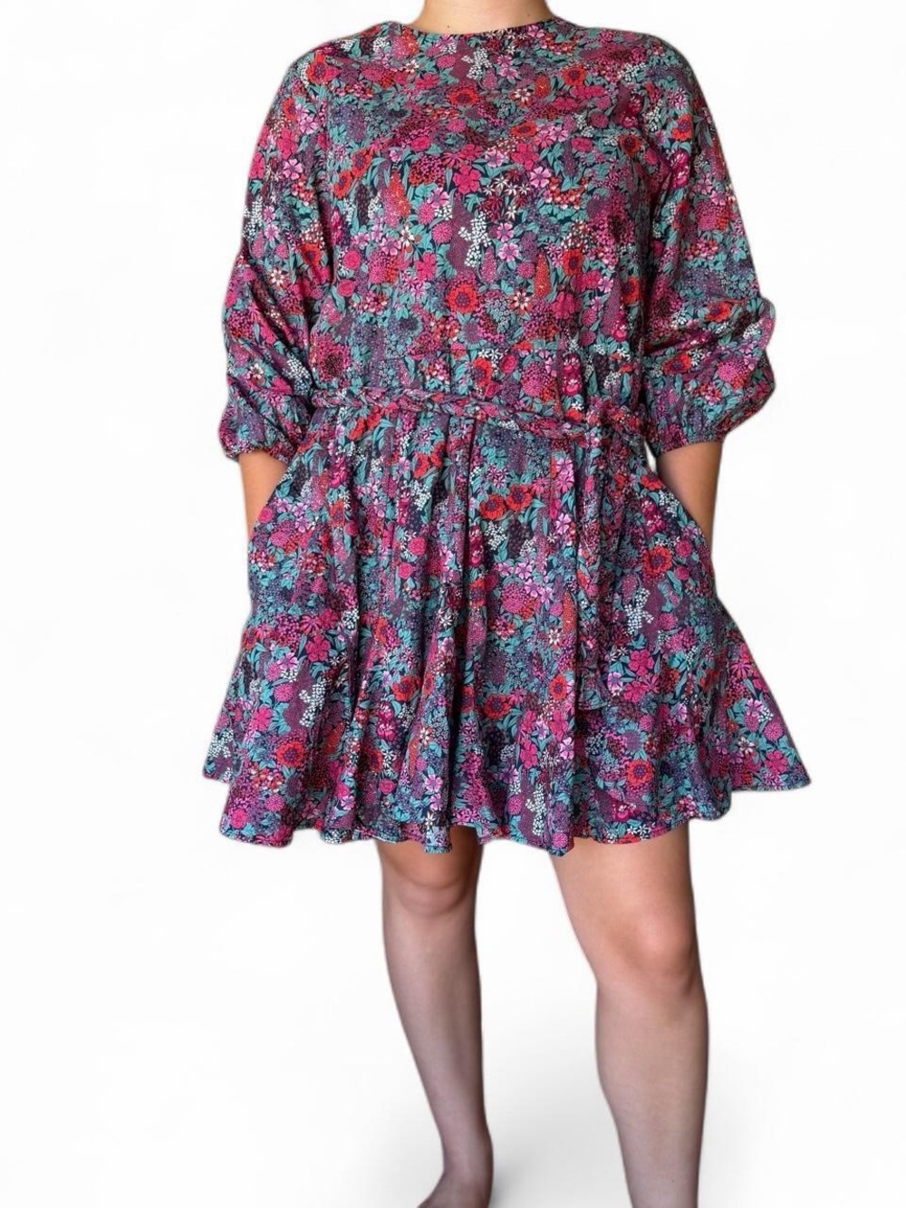 Evereve Floral Mini Swing Dress in Magenta and Teal Pockets Medium